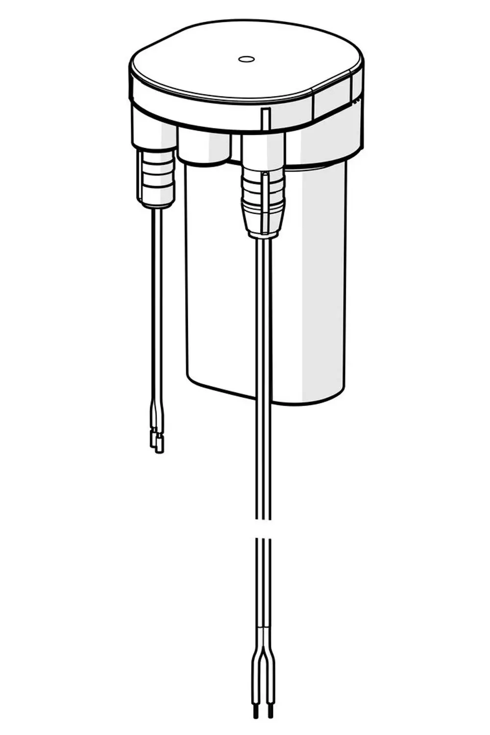 Einfache schematische Darstellung einer Kontrolleinheit von HANSA mit Anschlusskabeln, geeignet für Installationen in sanitären Bereichen.